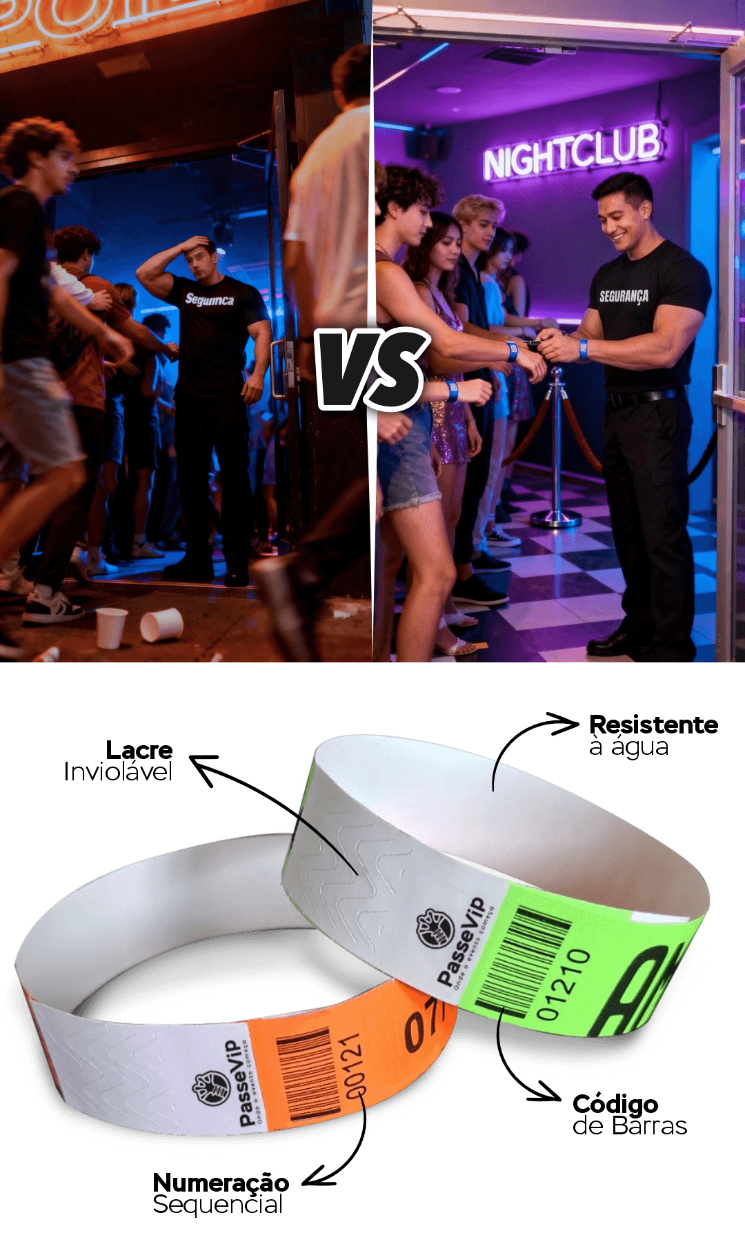 comparação entre evento com controle de acesso e evento sem organização com pulseiras